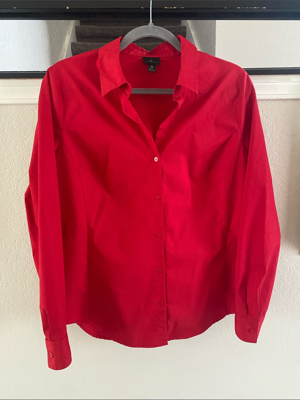 Worthington Bright Red Blouse Fitted Button Down Shirt Size 12